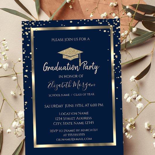 Invitation Diamètre Gold Graduation Cap Marine Blue Graduatio