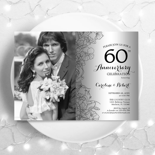 Invitation Diamond 60e Anniversaire Avec Photo Floral Argenté