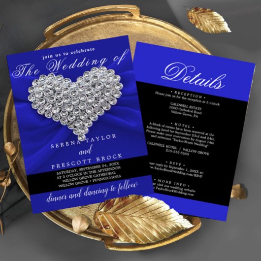 Invitation Diamond Bleu Élégant Calligraphie Beau Mariage