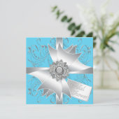Invitation Diamond Bow Argent Fête des mariées bleue Turquois (Debout devant)