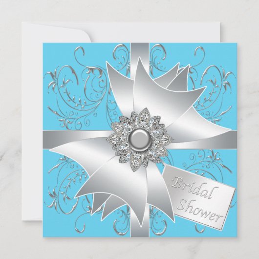 Invitation Diamond Bow Argent Fête des mariées bleue Turquois (Devant)