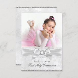 Invitation Diamond Bow & Cross Photo First Holy Communion