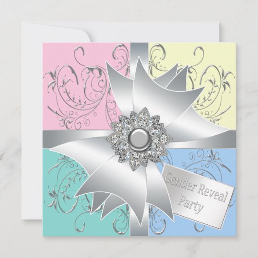 Invitation Diamond Bow Elegant Rose Bleu Sexe Revevela Party (Devant)