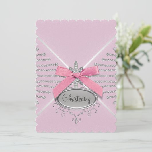 Invitation Diamond Bow Rose Christening (Debout devant)
