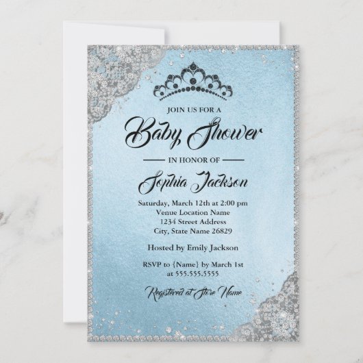 Invitation Diamond Dentelle Étincelle Bleu Baby shower en arg (Devant)