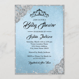Invitation Diamond Dentelle Étincelle Bleu Baby shower en arg