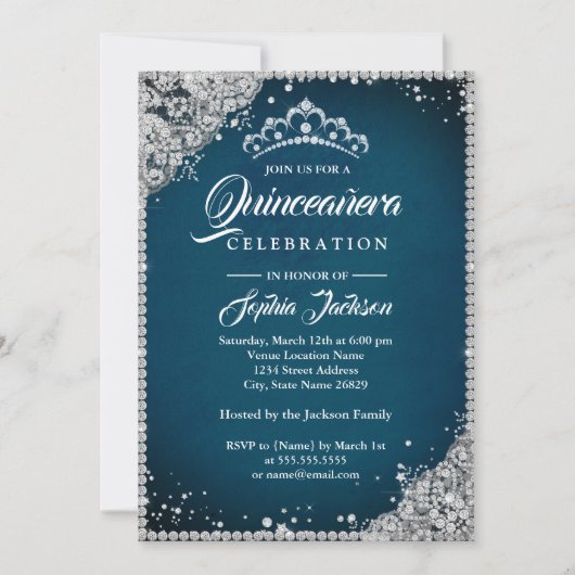 Invitation Diamond Dentelle Étincelle Bleue Argent Quinceaner (Devant)