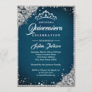 Invitation Diamond Dentelle Étincelle Bleue Argent Quinceaner
