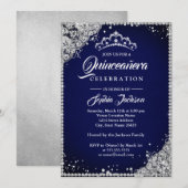 Invitation Diamond Dentelle Étincelle Marine Argent Quinceane (Devant / Derrière)