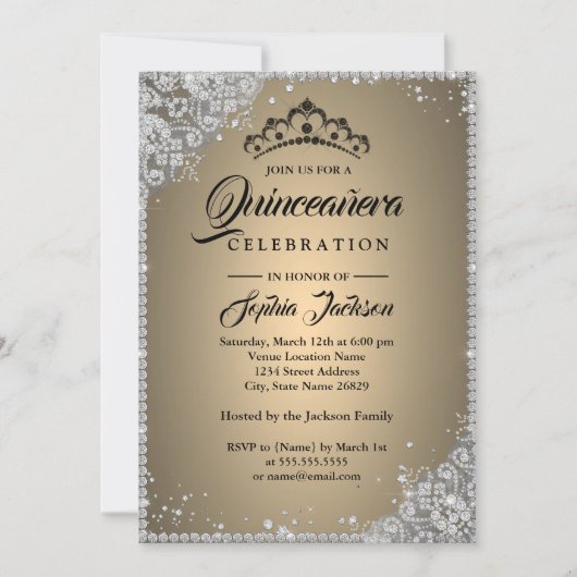 Invitation Diamond Dentelle Étincelle Or Argent Quinceanera (Devant)