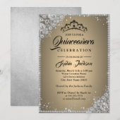 Invitation Diamond Dentelle Étincelle Or Argent Quinceanera (Devant / Derrière)