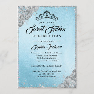 Invitation Diamond dentelle étincelle Sweet sixteen bleu