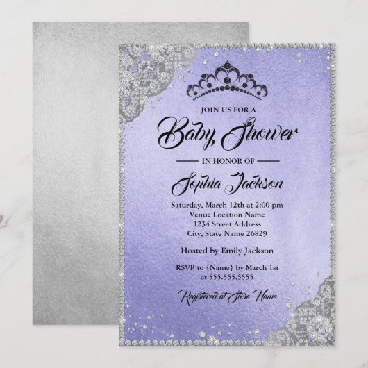 Invitation Diamond dentelle violet argent Baby shower fille (Devant / Derrière)