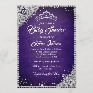 Invitation Diamond dentelle violet argent Baby shower fille