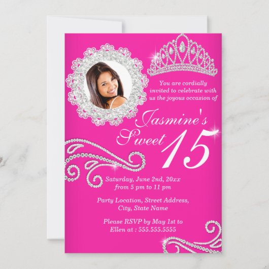Invitation Diamond en argent chaud Tiara Photo Quinceanera (Devant)