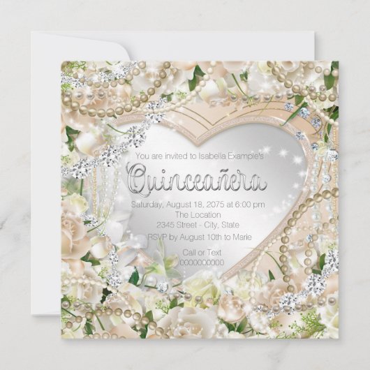 Invitation Diamond et Perle Rose Blanche Quinceanera (Devant)