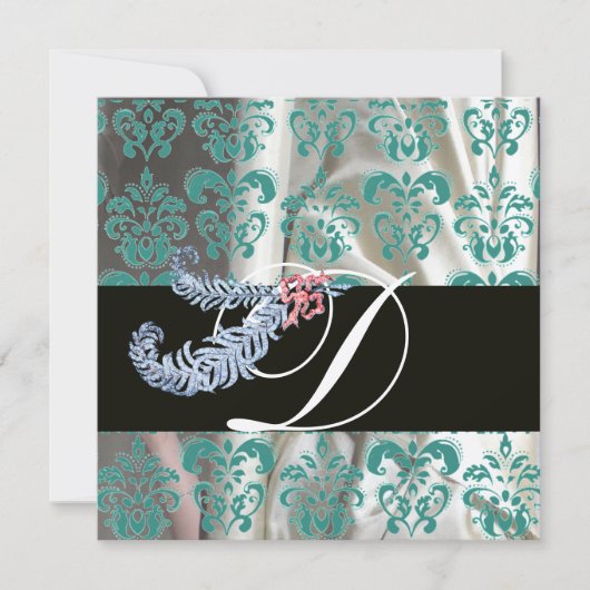 INVITATION DIAMOND FEATHERS BLEU SILK BLEU SILK DAMASK MONOGR (Devant)