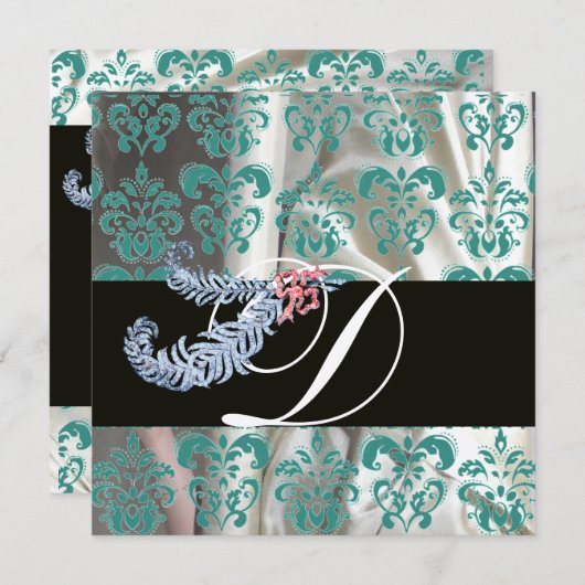 INVITATION DIAMOND FEATHERS BLEU SILK BLEU SILK DAMASK MONOGR (Devant / Derrière)