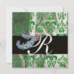 INVITATION DIAMOND FEATHERS GREEN ICE SILK DAMASK MONOGRAM