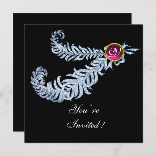 Invitation DIAMOND FEATHERS MONOGRAM, rubis rouge, rose (Devant / Derrière)