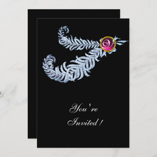 Invitation DIAMOND FEATHERS MONOGRAM, rubis rouge, rose (Devant / Derrière)