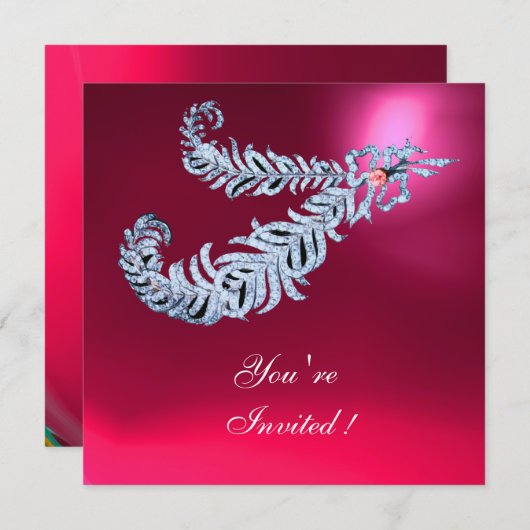 Invitation DIAMOND FEATHERS Rose Fuchsia Red Ruby Champagne (Devant / Derrière)