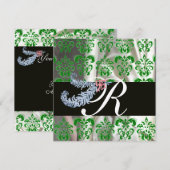 INVITATION DIAMOND FEATHERS VERT SILK BLANC DOMMASK MONOGRAM (Devant / Derrière)