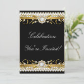 Invitation Diamond Gold Black White Floral Fête (Debout devant)