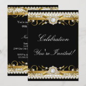 Invitation Diamond Gold Black White Floral Fête (Devant / Derrière)