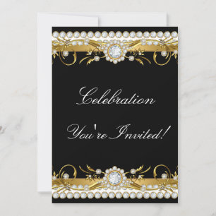 Invitation Diamond Gold Black White Floral Fête