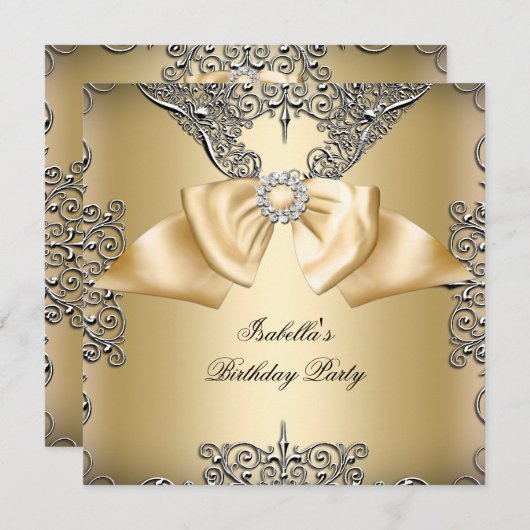 Invitation Diamond Gold Crème Bow Argent élégant Anniversaire (Devant / Derrière)