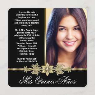 Invitation Diamond Gold Noir et Or Photo Quinceanera