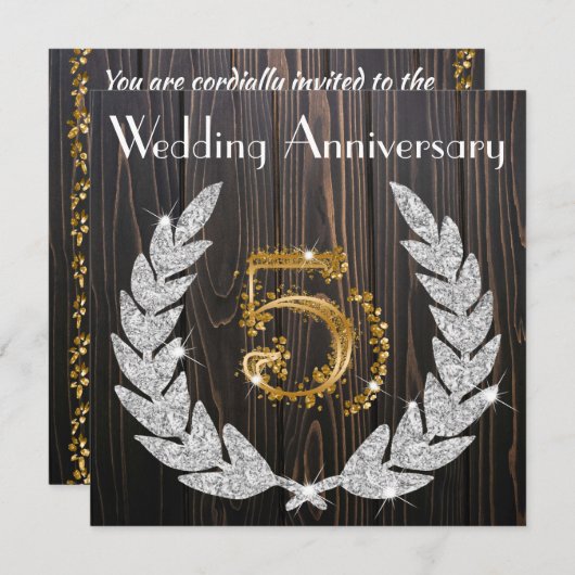 Invitation Diamond Laurel & Gold 5e anniversaire Mariage Inv. (Devant / Derrière)