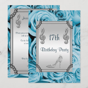 Invitation Diamond Music Note, Stiletto & Blue Roses 17ème