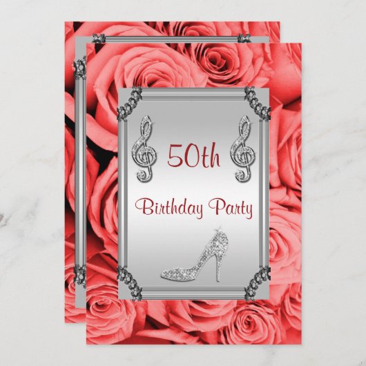 Invitation Diamond Music Note, Stiletto & Red Roses 50e (Devant / Derrière)