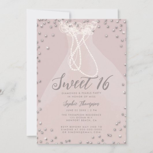 Invitation Diamond Pearl Princess Ruffle Robe Douce 16 Partie (Devant)