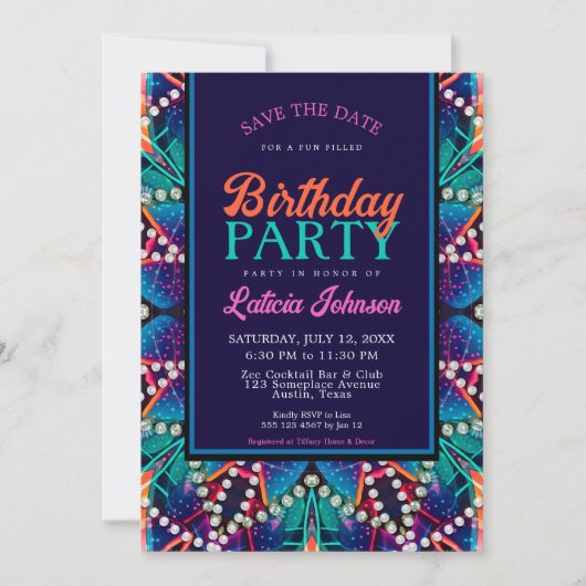 Invitation Diamond Pearls Aqua Blue Boho Vibe fête d'annivers (Devant)