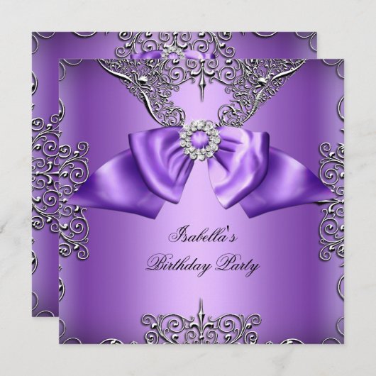 Invitation Diamond Purple Bow Argent Elégante fête d'annivers (Devant / Derrière)