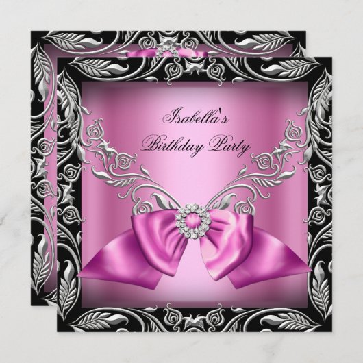 Invitation Diamond Rose Bow Silver Black Anniversaire (Devant / Derrière)