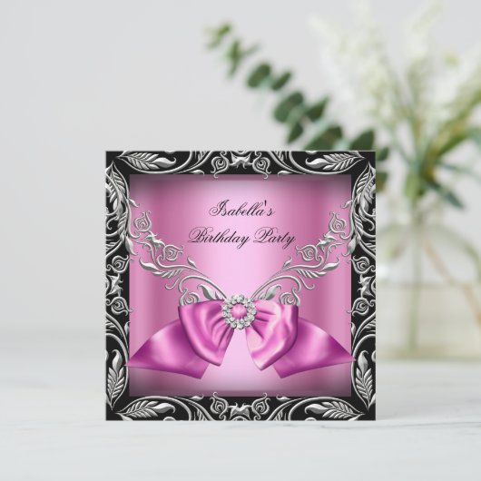 Invitation Diamond Rose Bow Silver Black Anniversaire (Debout devant)