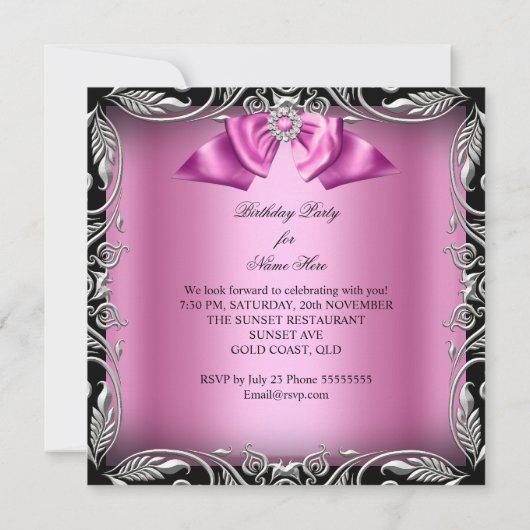 Invitation Diamond Rose Bow Silver Black Anniversaire (Dos)