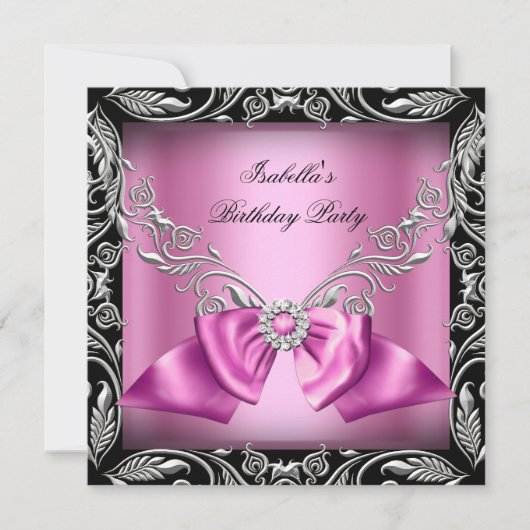 Invitation Diamond Rose Bow Silver Black Anniversaire (Devant)