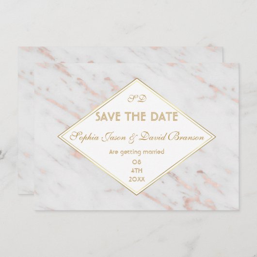 Invitation Diamond Rose Gold Marbre Mariage ENREGISTRER LA DA (Devant / Derrière)