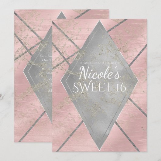 Invitation Diamond Silver Rose Glam Sweet 16 TOUT ÉVÉNEMENT F (Devant / Derrière)