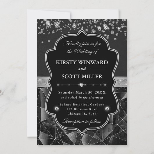 Invitation Diamond Sparkle Glamorous Black and Silver Wedding (Devant)