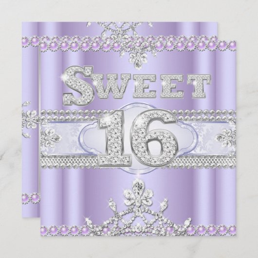 Invitation Diamond Sweet 16 Seteen Party Purple Lilac (Devant / Derrière)