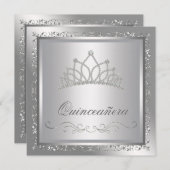 Invitation Diamond Tiara Elegant Argent Damask Quinceanera (Devant / Derrière)