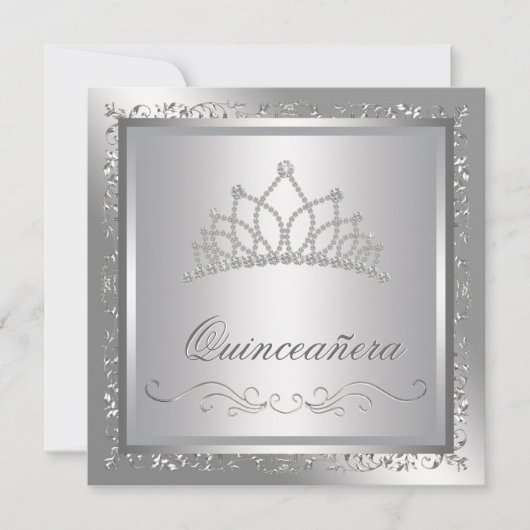 Invitation Diamond Tiara Elegant Argent Damask Quinceanera (Devant)