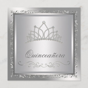 Invitation Diamond Tiara Elegant Argent Damask Quinceanera