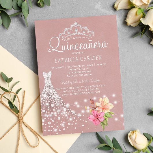 Invitation Diamond tiara et robe floral chic quinceanera